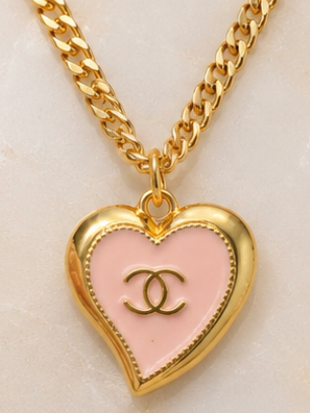 Hand-Assembled 18K Gold-Filled Pink Heart Pendant Curb Chain Necklace | 16” - Picture 3 of 5